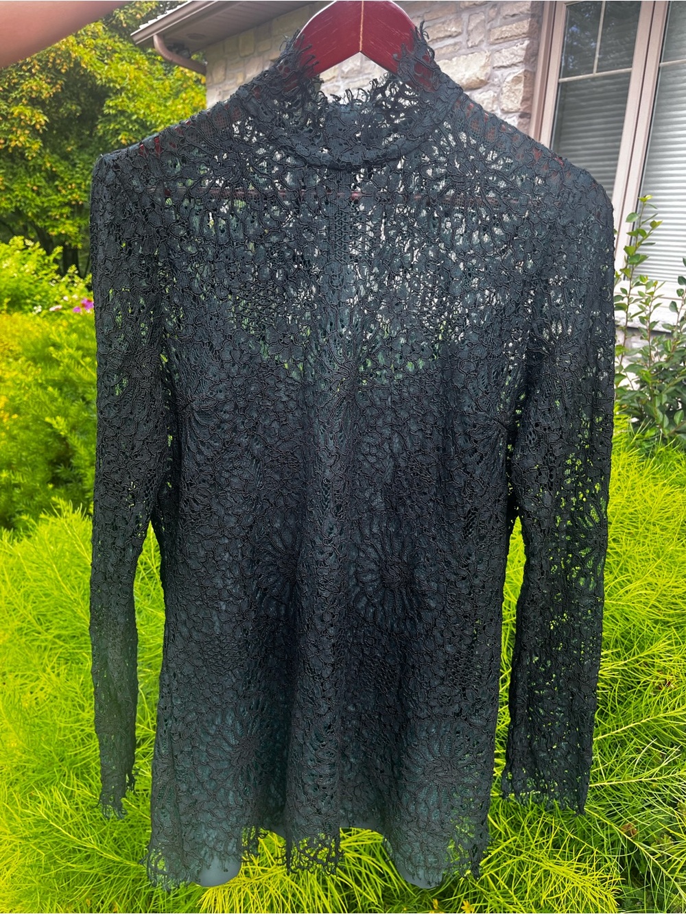 By Malene Birger Solar Green Lace High-Neck Long-Sleeve Top 8 Excellent